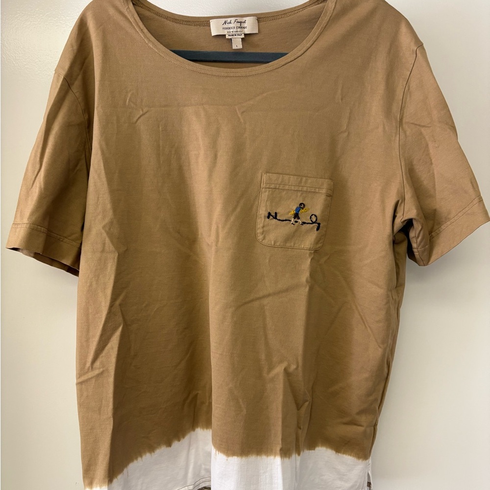 Nick Fouquet Tan and White Tee with Embroidered Pocket